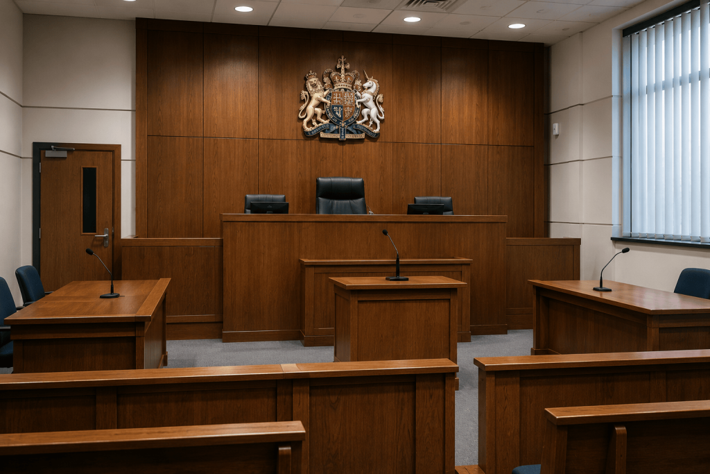 Empty courtroom with wooden judge’s bench, witness stand, and benches under a crest on the back wall