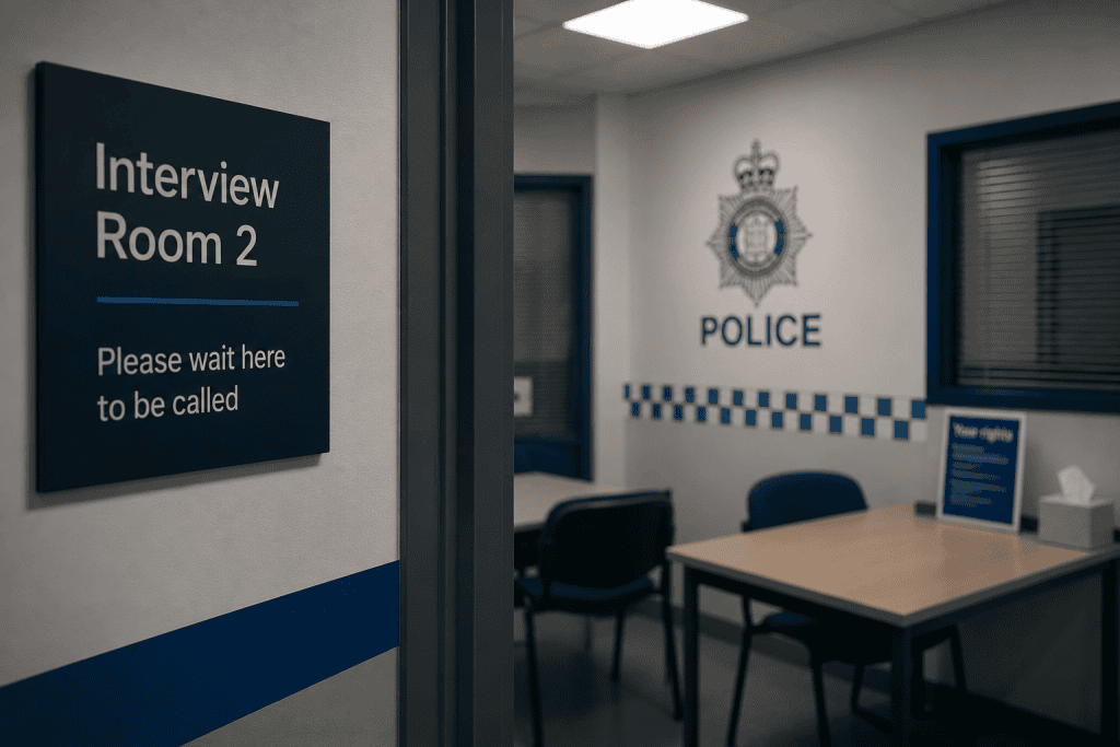 Police interview room with desk, chairs, and sign reading “Interview Room 2”