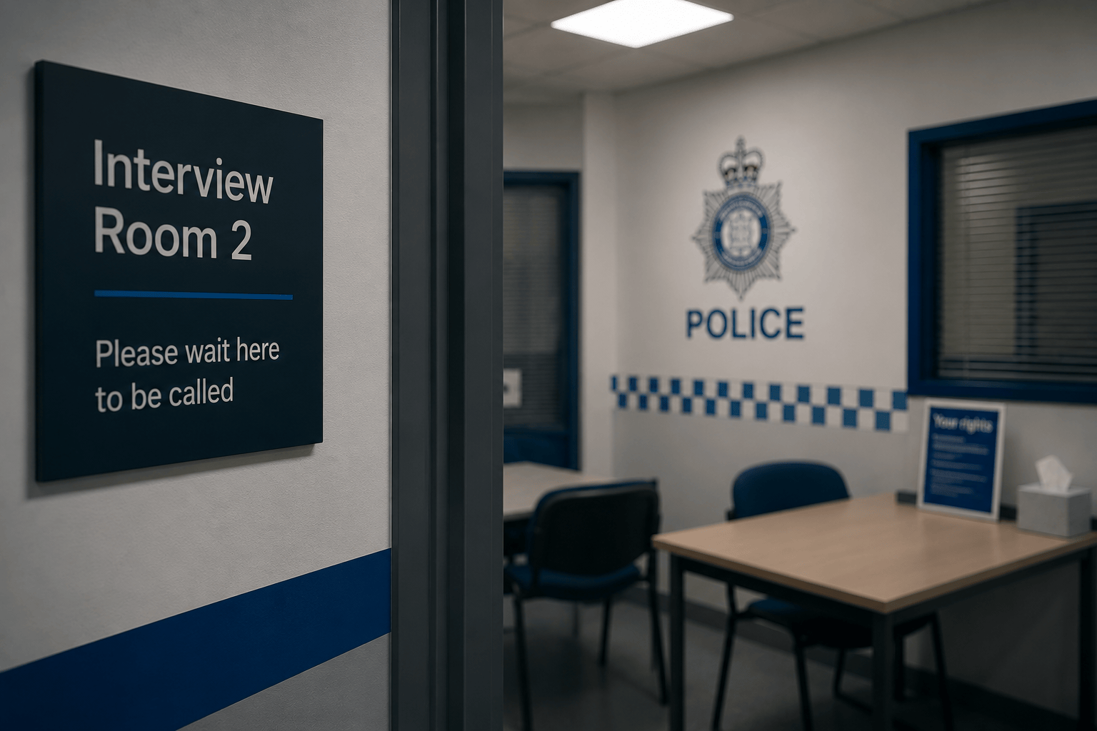 Police interview room with table, chairs, and a sign reading “Interview Room 2” next to the door.