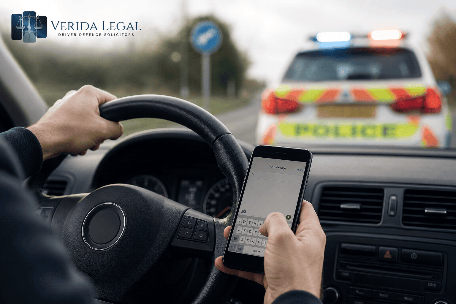 Police car with flashing lights driving on a wet road beside a black car in rainy weather