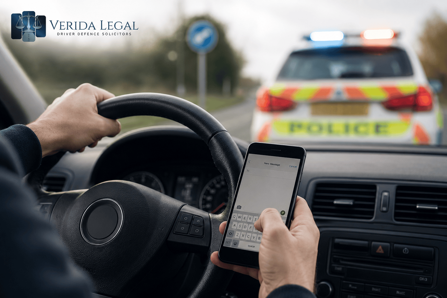 Driver holding phone while following a police car with flashing lights