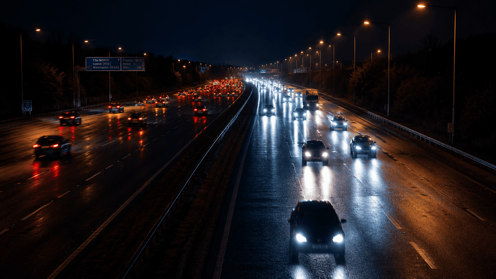 Night highway traffic with headlights and taillights reflecting on wet pavement