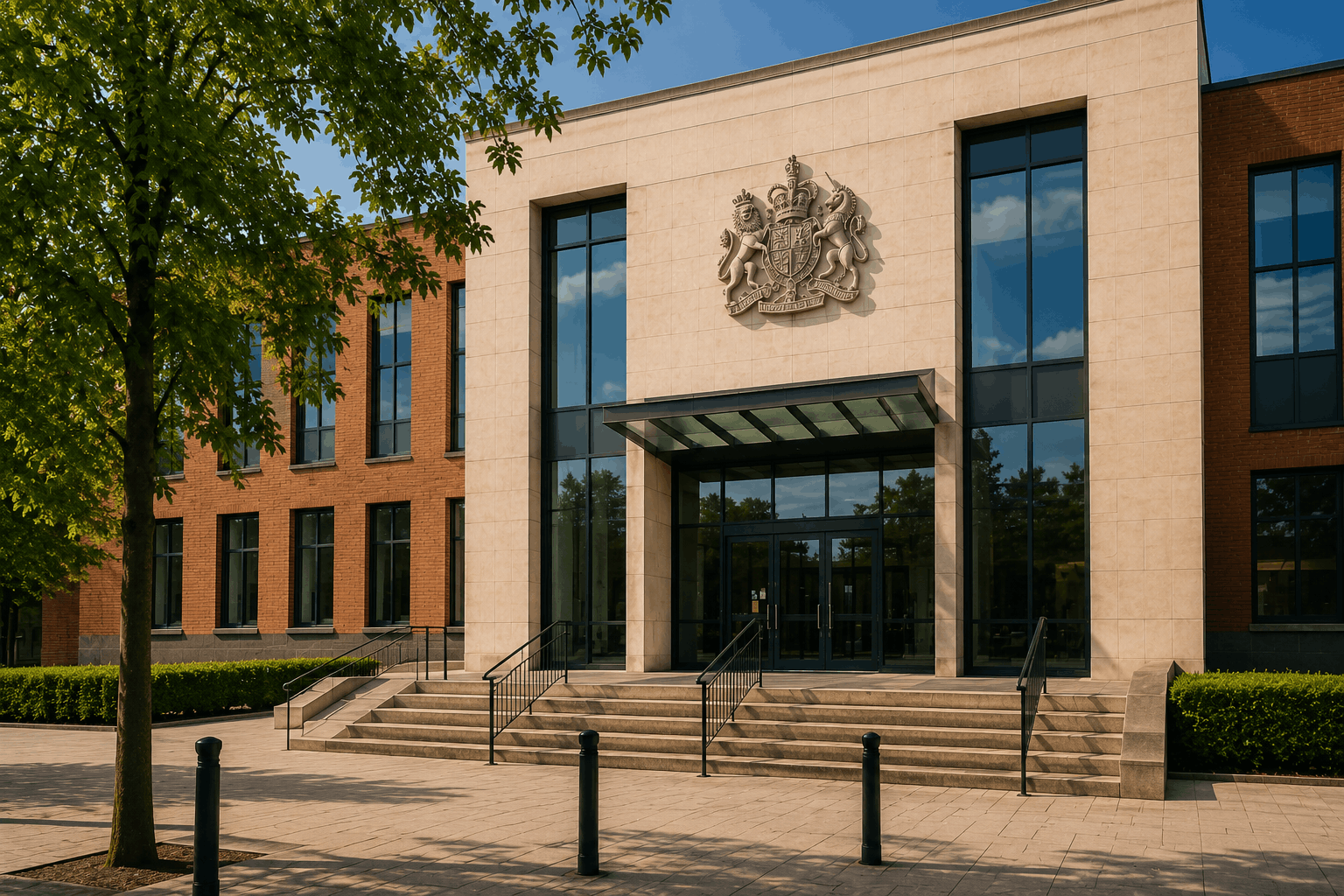 Modern brick office building entrance with steps, glass doors, and a crest above the doorway