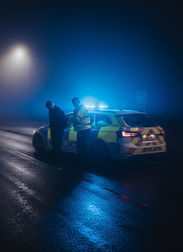 Police officers beside a patrol car with flashing blue lights on a foggy wet road at night