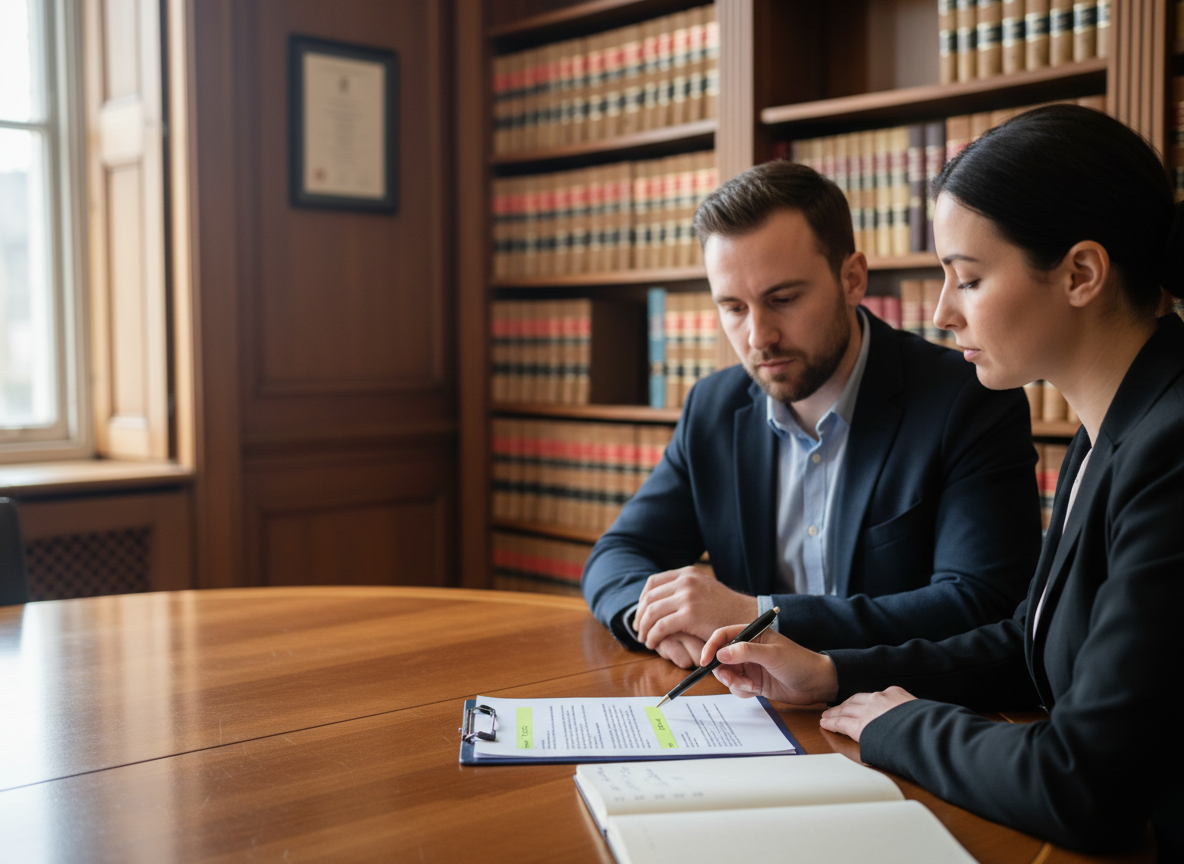 Two people reviewing documents at a conference table in a wood-paneled law office