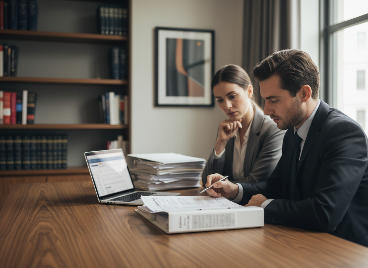 Two professionals reviewing documents at a desk in a modern office, with a laptop and stacked papers.